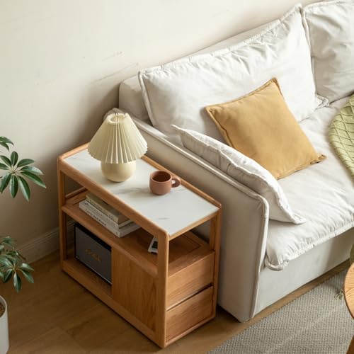 Solid Wood End Table with Storage Drawers, Narrow Side Table for Couch | 2 drawers, hidden wheels and slim design make this narrow side table perfect for couches, bedrooms and small spaces. - color: Natural