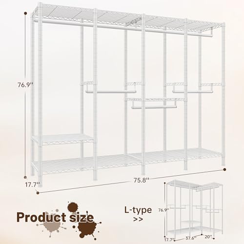 Raybee 76.9" H Clothes Rack Heavy Duty Loads 1100 LBS Metal Clothing Racks for Hanging Clothes Adjustable Garment Rack White,75.8" W*17.7" D*76.9" H - color: White, size: 75.8" W x 17.7" D x 76.9" H