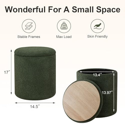 14.5" Small Ottoman with Storage, Teddy Velvet Foot Rest Stool with Reversible Wood Tray Lid, Round Storage Ottoman Coffee Table, Vanity Stool for Living Room, Olive Green - color: Olive Green