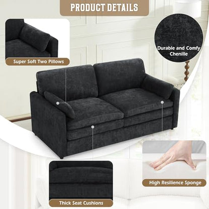 69" Chenille Modern Couch with Cozy & Soft Backrests, Black | 3 Seats Sofa with 2 Extra Pillows, Comfy Upholstered Sofa with Thicker Cushions for Living Room, Office - color: Black, size: Loveseat