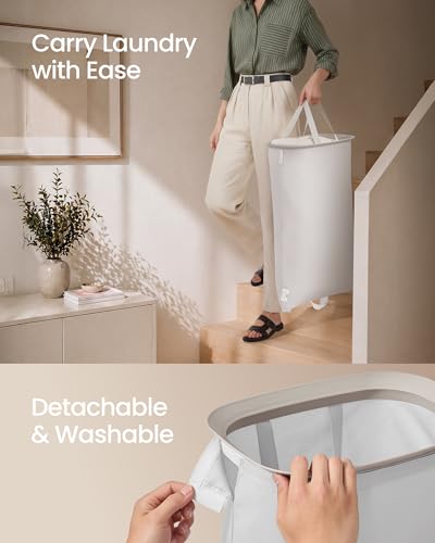 SONGMICS Laundry Basket with Lid, 42.2 Gallons, 2-Compartment Laundry Hamper with Handle and Pedal, Removable Liner, Easy Assembly, 22 x 18.5 x 29.5 Inches, Cappuccino Beige ULCB832L101 - color: Cappuccino Beige
