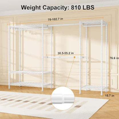 Heavy-Duty Garment Rack, Adjustable Clothing Racks Hanging Clothes | E17 Freestanding Metal Closet System, Clothing Storage and Organizer with Wire Shelves, (78-102.7)”W x 15.7”D x 76.6”H, White - color: White