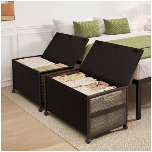 Fokyfok 2Pack Under Bed Storage Containers,16 inch Height,31 inch Long | Under Bed Shoe Storage,Underbed Storage with Wheels,Large Rolling under bed Clothes Storage Drawers,Lid,Dorm Tall,Black - color: Black, size: 2PC (31"Lx17"Wx16"H)