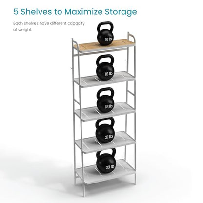 Home Zone Living Tall White Bookshelf with 5-Tier Open Display Shelves | Wide Steel Frame Design with Bamboo Accent Top Shelf - color: 5-tier Wide