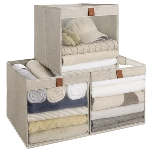 StorageWorks 13x13 Storage Cubes, Closet Storage Bins with Clear Window, Large Fabric Organizer for Clothes, Collapsible Storage Baskets with PU Handles, Brown and Beige, 3-Pack - color: Brown and Beige, size: 13"L x 13"W x 13"H