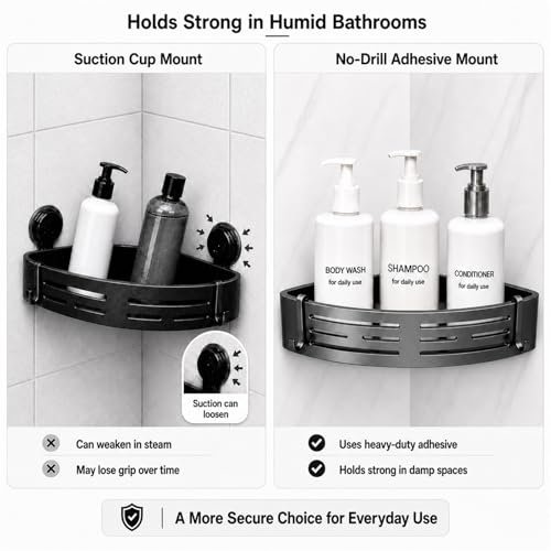 Adhesive Corner Shower Caddy 2-Pack, No Drill, Easy to Install | Rust-resistant aluminum shower shelves in matte gray for 90-degree corners only. Use together or separately.