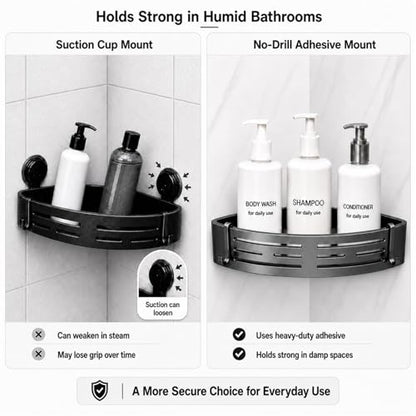 Adhesive Corner Shower Caddy 2-Pack, No Drill, Easy to Install | Rust-resistant aluminum shower shelves in matte gray for 90-degree corners only. Use together or separately.