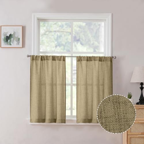 Tollpiz Short Linen Tier Curtains Rod Pocket Semi Sheer Half Kitchen Curtain Burlap Light Filtering Thick Linen Drapes for Bathroom, 30 x 24 inches Long, Taupe, Set of 2 Panels - color: Taupe, size: 30"W x 24"L (Pack of 2)