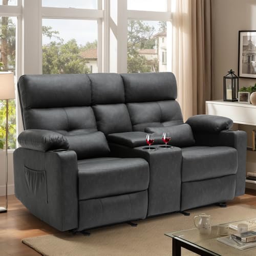 Power Reclining Loveseat with Console, Power Loveseat Recliner Sofa with Heat and Massage, Extended Footrest, Wall Hugger RV Recliner with Cup Holders, Lumbar Support for Living Room - color: Black&grey, size: Loveseat