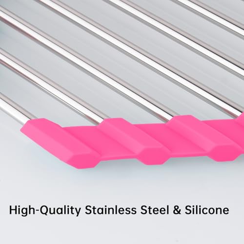 Tomorotec Triangle Roll Up Dish Drying Rack 304 Stainless Steel Rose | BPA-Free Food-Grade Silicone Edges Foldable Waterproof Rustproof Heavy-Duty Space Saver Heat Resistant to 550°F - color: Rose