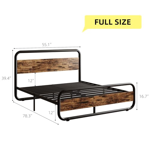 Full Size Bed Frame, Wood Headboard and Footboard, LED Lights, Rustic Brown | Metal Platform with Heavy Duty Metal Slats Support/12 in Under-Bed Storage/Noise-Free/No Box Spring Needed/Easy Assembly - color: Rustic Brown, size: Full