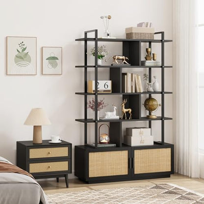 IDEALHOUSE 5 Tier Rattan Bookshelf with Storage Cabinet & Door, 71.1 Inch Tall Industrial Book Shelf with Open Display Shelves, 5 Shelf Bookcase with Metal Frame for Living Room, Bedroom -Black - color: Black