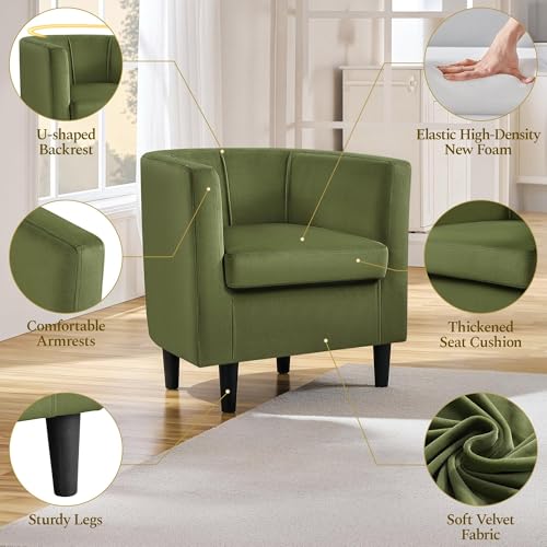 Yaheetech Barrel Accent Chair, Modern Armchair, Olive Green | Soft Velvet Chair with High-Density Foam Seat, Upholstered Barrel Sofa Chair for Living Room Bedroom Waiting Room - color: Olive Green, size: Set of 1
