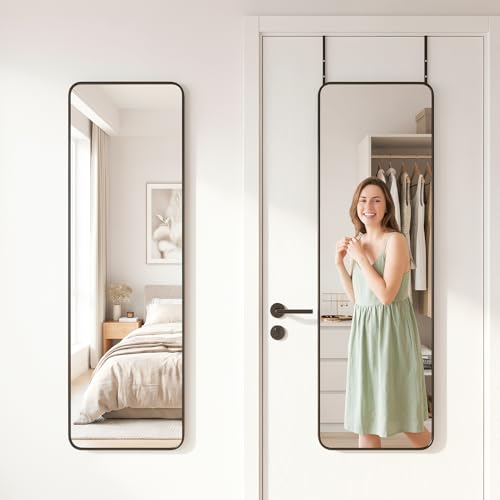 Antok 48"x14" Over the Door Mirror, Full Length Mirror Door Hanging with Aluminum Metal Frame, Rectangle Wall Mounted Body Mirrors for Bedroom, Dressing & Makeup Mirrors for Daily Outfit Check, Black - color: Black, size: 48"L x 14"W