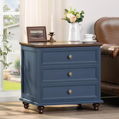 Joaxswe 24" Wide Farmhouse Night Stand,Large End Table with 3 Drawers & Metal Handle,Navy Blue Dresser for Bedroom, Wood Bed Side Table Chest of Drawers, Nightstand Cabinet for Living Room,Closet - color: Navy Blue, size: 19.76"D x 24"W x 22.91"H (3 Drawe