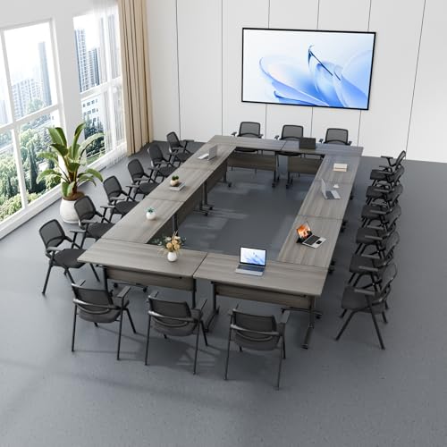 Folding Conference Table with Wheels, Flip Top Folding Conference Room Table for 2-12 Person, Mobile Training & Meeting Room Table, Modular Nesting Office Boardroom Desk with Lockable Casters - color: Elm, size: 47.2in