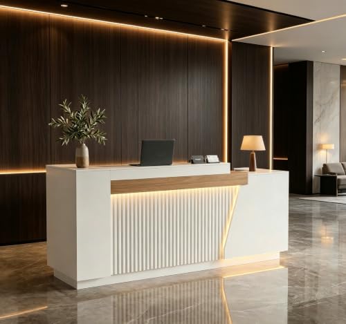 87" Modern Front Desk Reception Counter,Commercial Reception Room Tables with Built-in Outlets,Combination Lock Drawers, LED Lights for Office Beauty Salon Retail Store,White - color: Left-white, size: 86.6''L x 26''W x 41.34''H