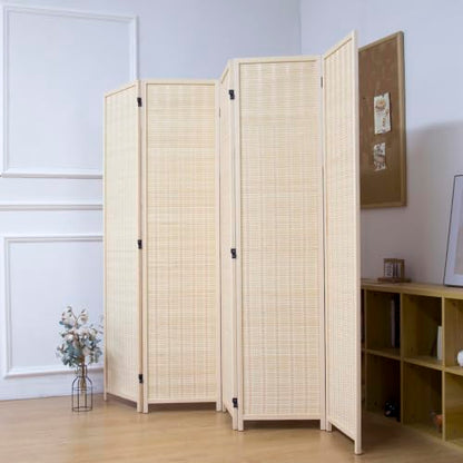 5 Panel Bamboo Room Divider, 5.6 ft Tall Folding Privacy Screen, Freestanding Room Partition Wall in Natural Beige for Home & Office and Room Separation (67" H x 76.8" W) - color: Beige, size: 5 Panel