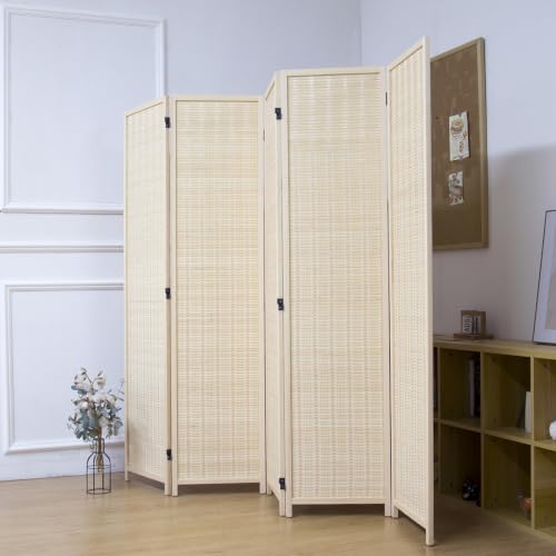 5 Panel Bamboo Room Divider, 5.6 ft Tall Folding Privacy Screen, Freestanding Room Partition Wall in Natural Beige for Home & Office and Room Separation (67" H x 76.8" W) - color: Beige, size: 5 Panel
