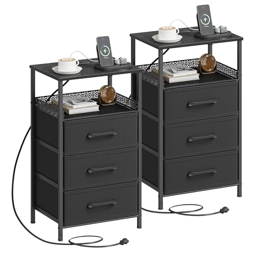 JARHETUN Nightstand Set of 2, Night Stands with Charging Station, 26.4 Inch Tall Bedside Table with Metal Shelf, Modern Side End Table with 3 Fabirc Drawers, Small Dresser for Bedroom, Black - color: Black, style: Power