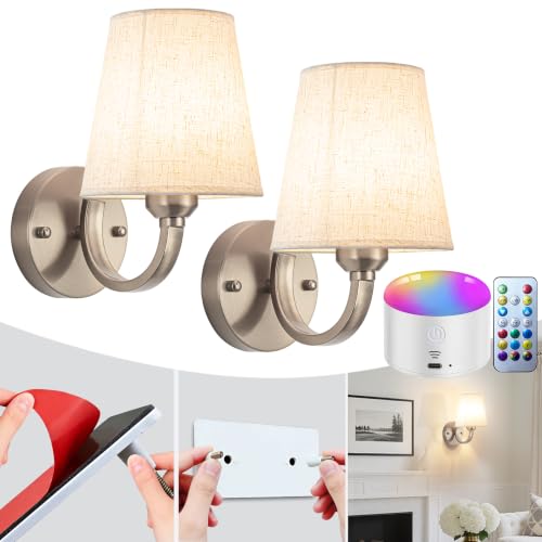 YHCDLAMP Peel and Stick Wall Sconces, No Drilling Stick On Wall Sconce, Wireless Battery Operated Wall Lights, Adhesive Wall Lamp with 10000mAh Battery Bulb for Bedroom Living Room Decor - color: Nickel-10.2inch