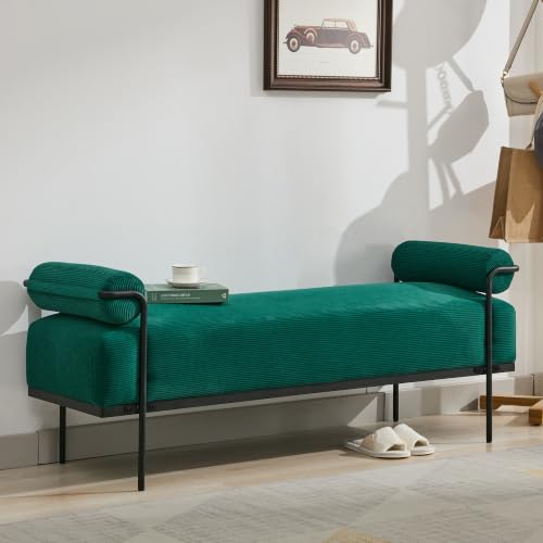 SOFTHION 61.2" End of Bed Bench, Corduroy Upholstered Entryway Bench, Green | Modern Upholstered Bench Ottoman, Footrest Stool with Sturdy Metal Frame and Legs for Living Room/Foyer/Mudroom/Hallway - color: Green