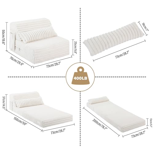 Folding Sofa Bed Convertible Sleeper Chair Mattress with Pillow & Side Pocket, Thick Corduroy Floor Mattress Couch Bed, Single Size, Beige - color: Corduroy Beige, size: Single Size