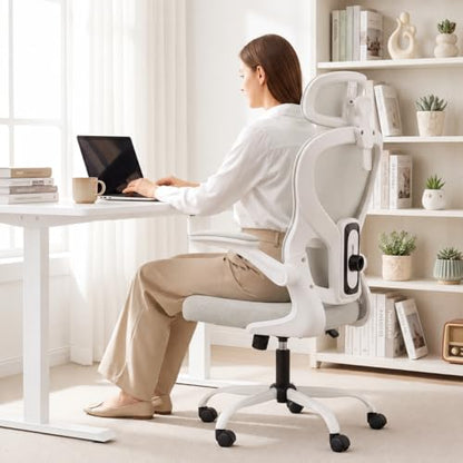 Ergonomic Office Chair with Adjustable Headrest & Lumbar Support, High Back Mesh Desk Chair, 330 LBS Capacity Swivel Computer Chair with Flip-Up Arms, Home Office Gaming Chair(Grey)