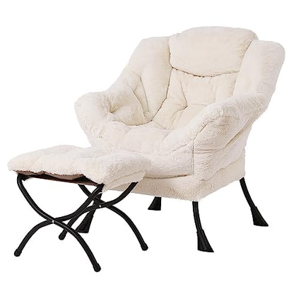Lazy Chair with Ottoman, Comfy Reading Accent Chair, Plush Beige | Foldable Footrest, Padded Seat and Backrest, Side Pocket for Lounging in Living Rooms, Bedrooms, Dorms and Small Spaces - color: Plush-beige