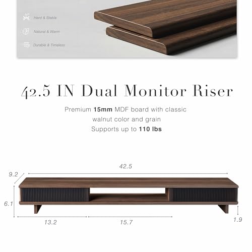 Dual Monitor Stand Riser with Storage Drawer for Desk Organization | Fits Dual 32" Monitors, Walnut Finish, Hidden Storage, Ergonomic Height, Holds 110lbs, No Flex, Quick Setup