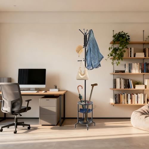 Coat Rack with Umbrella Holder, Coat Rack Freestanding, Metal Coat Tree with 12 Hooks, Modern Coat Hanger Stand for Entryway Living Room Bedroom Office
