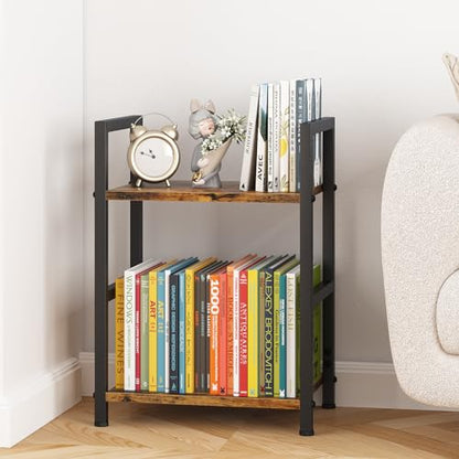 Small Bookshelf for Small Space, 2 Tier Industrial Bookcase,Narrow Book Case Storage Organizer Book Shelf for Living Room, Bedroom and Office, Easy Assembly(2 Tier,Rustic Brown) - size: 2 Tier