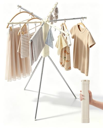 Foldable Tripod Clothes Drying Rack for Balcony, Hotel, Apartment, Bedroom | Portable Drying Rack Clothing Laundry Drying Rack for Travel, Camping with 3 Tent Pegs. Steel Frame with 12 Clips, Windproof