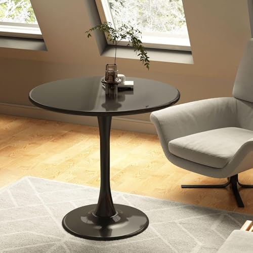 23.6 Inches Round Dining Table, MDF Kitchen Table With Metal Pedestal Base | Smooth MDF Surface, Cylindrical Metal Pedestal, Easy Assembly, For Kitchens And Small Dining Areas - color: Black, size: 23.6 Inches