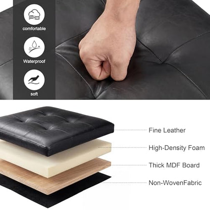 15 inch Square Storage Ottoman with Tray Lid,Modern Tufted Faux Leather Cube Coffee Table with Storage,Upholstered Ottoman with Removable Top for Living Room, Bedroom - color: Faux Leather -Black With Tray