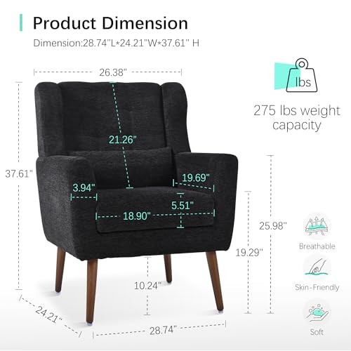 Accent Chair, Living Room Chairs with Solid Wood Legs & Pillow | Chairs Living Room with High Tufted Backrest, Reading Chair for Bedroom/Office, Chenille Fabric - color: Black