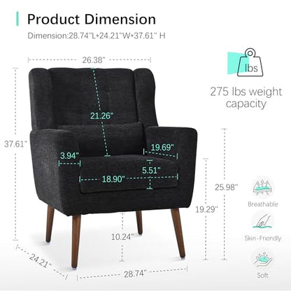 Accent Chair, Living Room Chairs with Solid Wood Legs & Pillow | Chairs Living Room with High Tufted Backrest, Reading Chair for Bedroom/Office, Chenille Fabric - color: Black