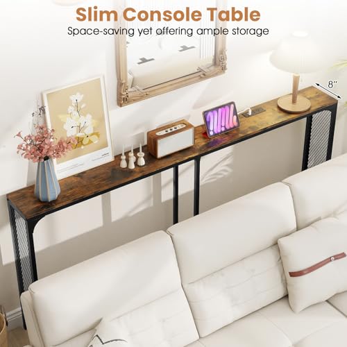GIANTEX 71" Narrow Console Table with 2 Power Outlets and USB-C Ports | Sofa Table w/ Charging Station & Metal Frame, Skinny Behind Couch Tables, Long Entryway Tables for Living Room, Rustic Brown - color: Rustic Brown + Black