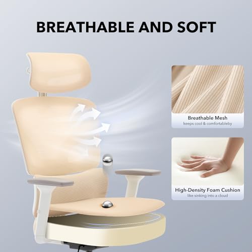 Ergonomic Office Chair Mesh – Adjustable Lumbar 3D Armrests High-Back Desk | Breathable Mesh Backrest; Seat Height & Tilt-Angle Adjustment; Smooth-Rolling Casters; Easy To Assembly, For Home, Office - color: Beige-p1