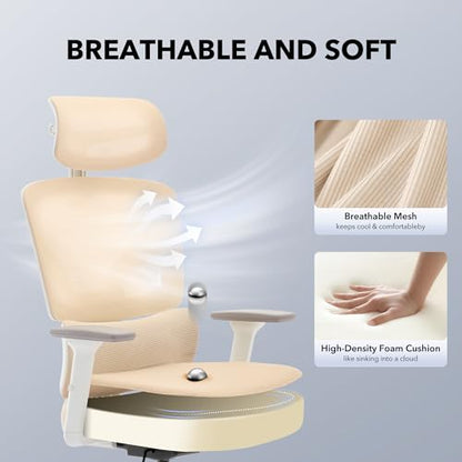 Ergonomic Office Chair Mesh – Adjustable Lumbar 3D Armrests High-Back Desk | Breathable Mesh Backrest; Seat Height & Tilt-Angle Adjustment; Smooth-Rolling Casters; Easy To Assembly, For Home, Office - color: Beige-p1