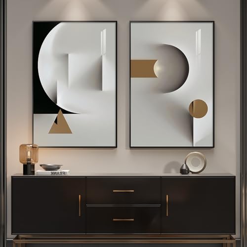 Framed Modern Wall Art for Living Room, Set of 2 Large Black and White Minimalist Paintings Print, Bright Style Geometric Pictures Artwork Decor for Bedroom Dining Room Hallway, 24x36 Inch - color: Black and White Brown, size: 24" W x 36" H x 2Pcs