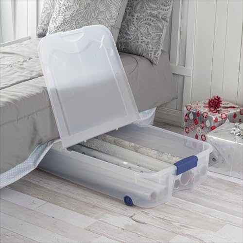 Clear Underbed Storage Bin with Lid, Wheels, and Security Lock, 66 Quart, Blue, 39.5x20.25x7 Inch