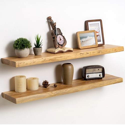 Fun Memories Solid Elm Wood Live Edge Floating Shelves for Wall, 36 x 8 Inch Rustic Wall Shelves Set of 2 with Invisible Brackets for Living Room Bedroom Kitchen, Natural - color: Natural Finish, size: 36", 2-Pack