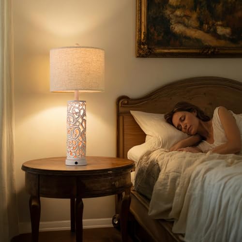 2-in-1 Light Table Lamp Set of 2 for Living Room, 28.5" Farmhouse Bedside Lamps with USB Charging Port, Main&Night Light & Dual Switches, Nightstand Lamp for Bedroom Home Office(Bulb Included) - color: Matte White