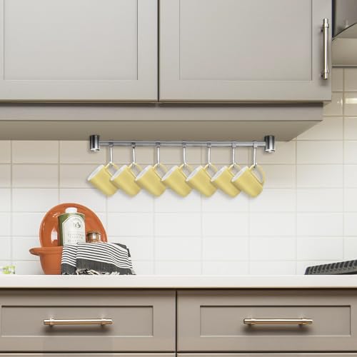 Mug Hanger Rods 16 Inch 2 pcs, 304 Stainless Steel Mug Organizer Tea Coffee Cups Hanging Holder With Sliding Hooks, for Wall Mounted or Under Cabinet, Hanging Rods Silver Chrome Screws Fixed (Silver)