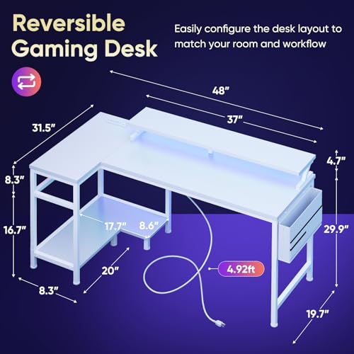 DUMOS 48 Inch L Shaped Computer Gaming Desk with Storage Shelves, White - color: White, size: 48-IN
