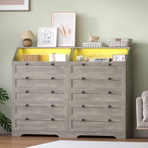Grey Dresser Tall 5 Drawer Dresser for Bedroom, Wood Chest of Drawers with LED Lights, Charging Station, Metal Handles, Modern Storage Cabinet and Organizer Drawers for Living Room, Hallway - color: Grey, style: LED Tall 5 Drawers