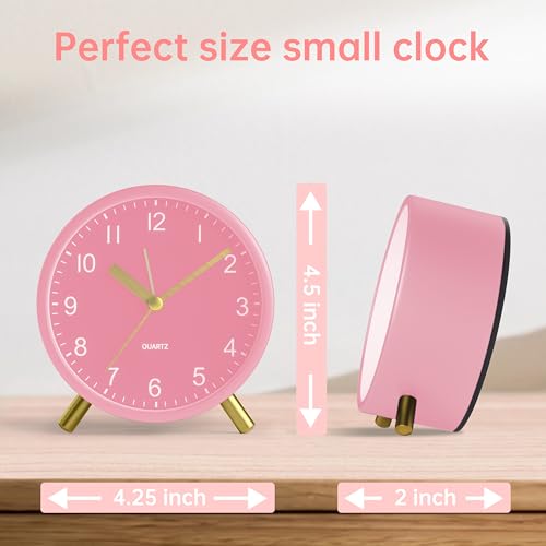 JALL Analog Alarm Clock, 4 inch Super Silent Non Ticking Small Clock with Night Light, Battery Operated, Simple Design, Easy Setting for Office, Bedroom, Bedside, Desk, Teens, Elders, Adult, Pink - color: Pink+gold