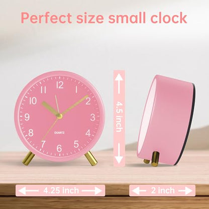JALL Analog Alarm Clock, 4 inch Super Silent Non Ticking Small Clock with Night Light, Battery Operated, Simple Design, Easy Setting for Office, Bedroom, Bedside, Desk, Teens, Elders, Adult, Pink - color: Pink+gold