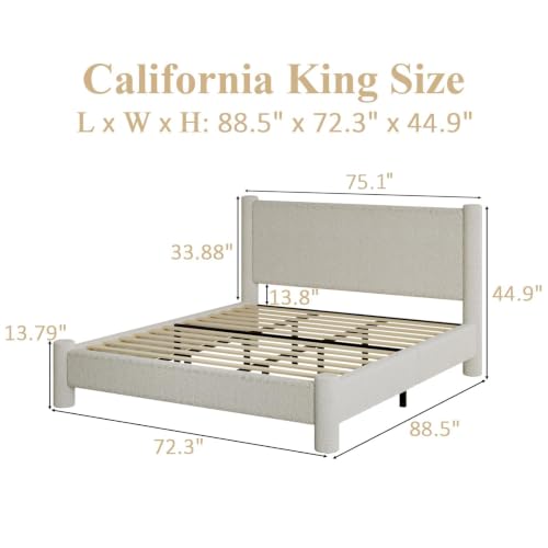 REVOMINCA California King Boucle Bed Frame with Headboard, Cream | Upholstered platform frame has soft rounded corners, needs no box spring, and offers easy assembly. - color: Cream, size: California King